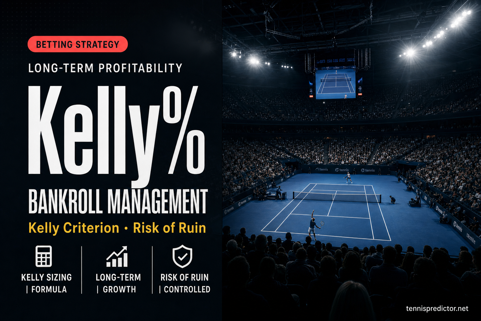 Kelly Criterion bankroll management strategy data card — long-term profitability, risk of ruin — tennispredictor.net