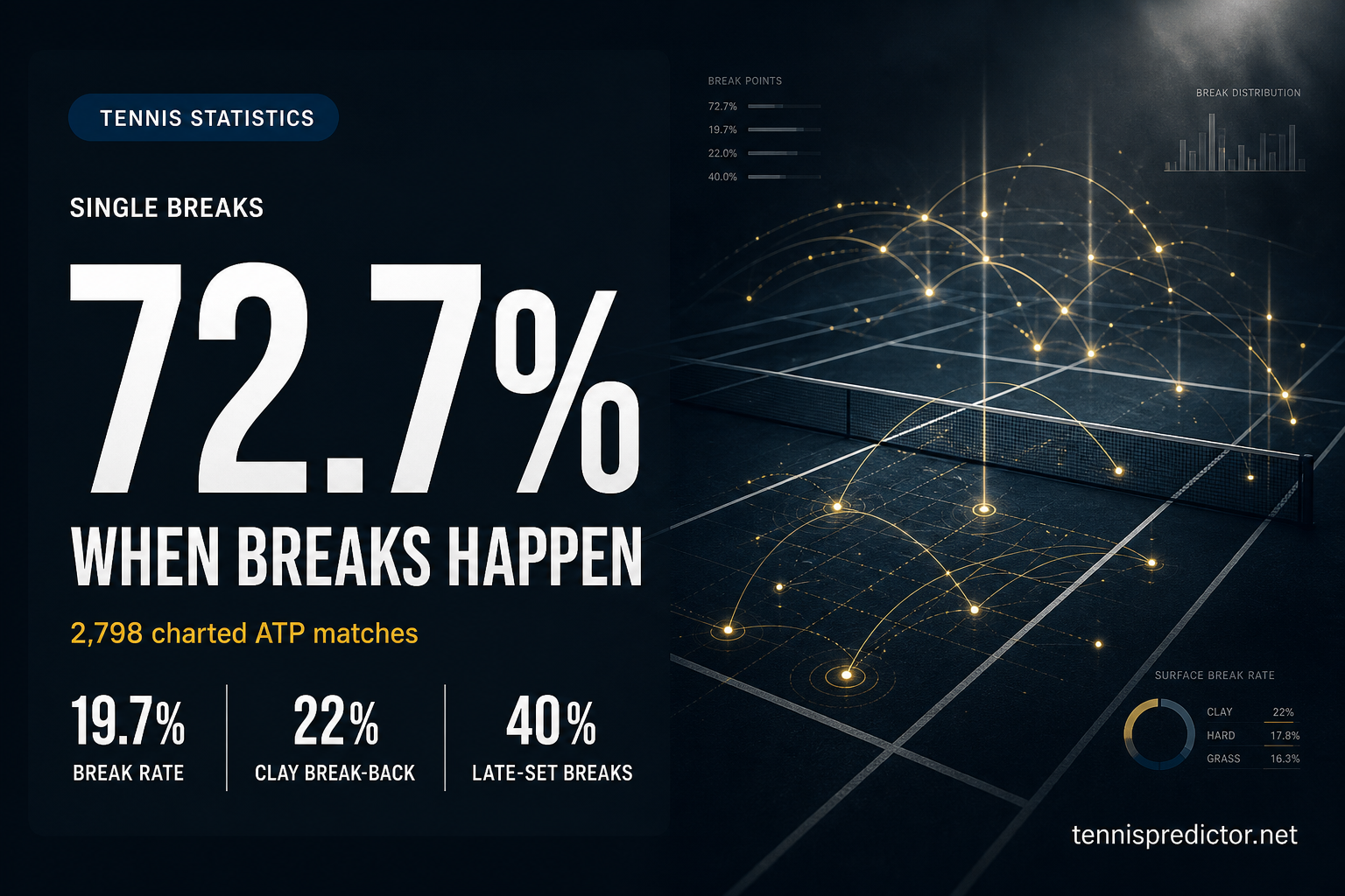 Data card showing 72.7% single breaks across 2,798 charted ATP matches with break rate and clay break-back stats