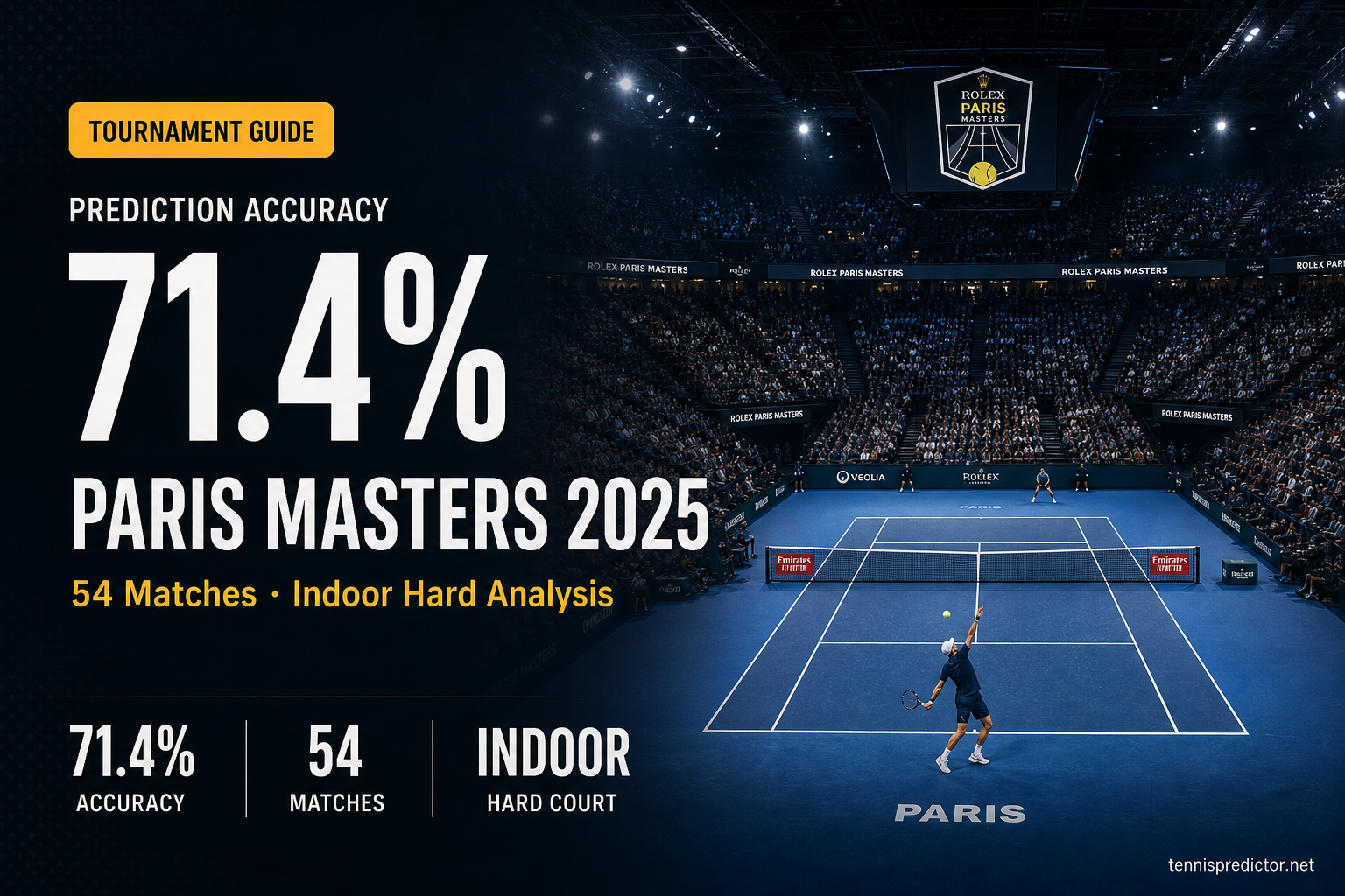 Paris Masters 2025 — 71.4% prediction accuracy, 54 matches analysed data card