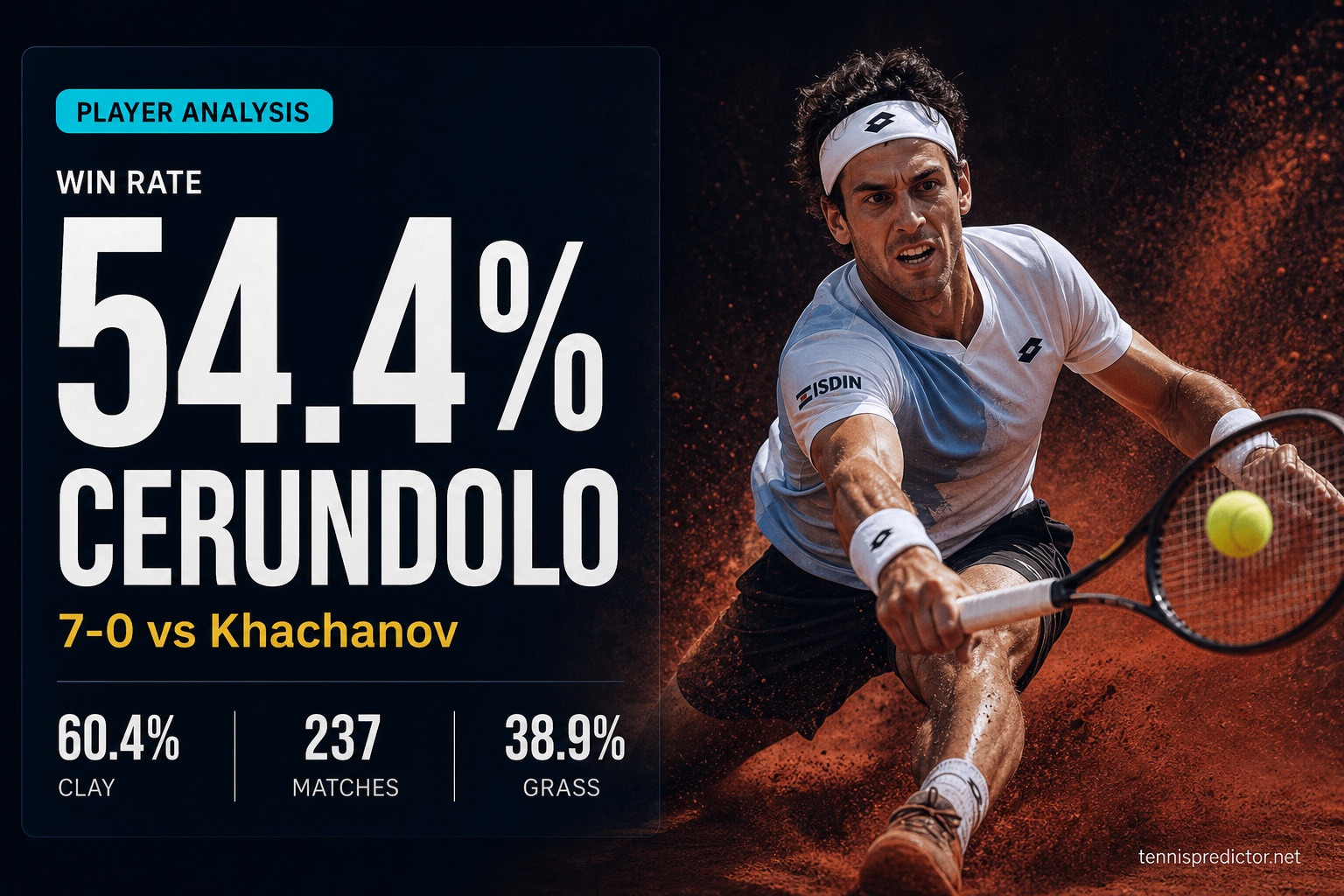 Francisco Cerundolo 54.4% win rate player analysis data card — tennispredictor.net