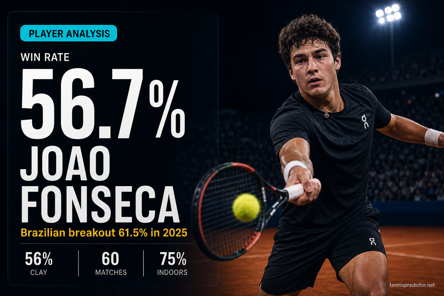 Joao Fonseca 56.7% win rate player analysis data card — tennispredictor.net