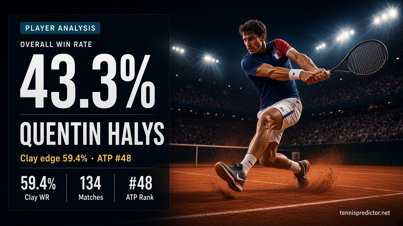Quentin Halys 43,3 % de victoires — 59,4 % Terre battue, 64,7 % en favori, 43,8 % Grand Chelem — tennispredictor.net