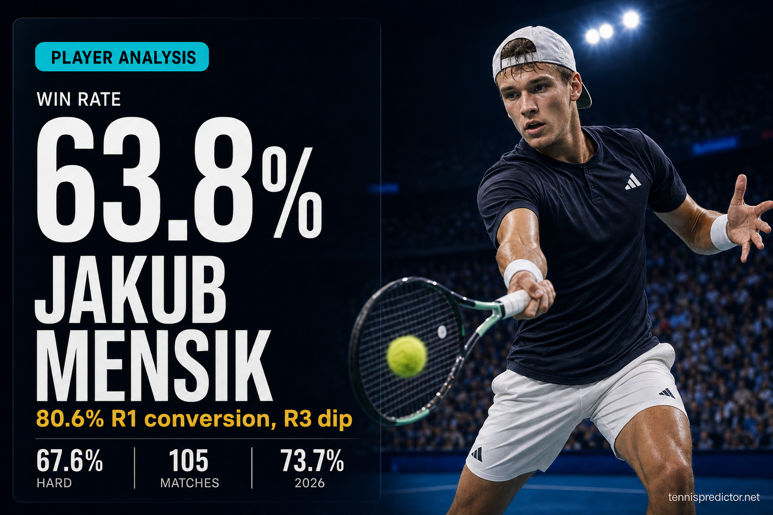 Jakub Mensik 63.8% win rate player analysis data card — tennispredictor.net