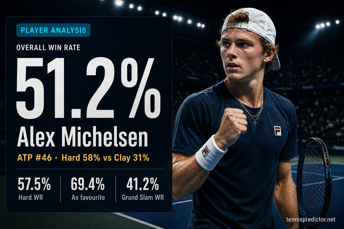 Alex Michelsen 51.2% win rate — 57.5% Hard WR, 69.4% As favourite, 41.2% Grand Slam WR — tennispredictor.net