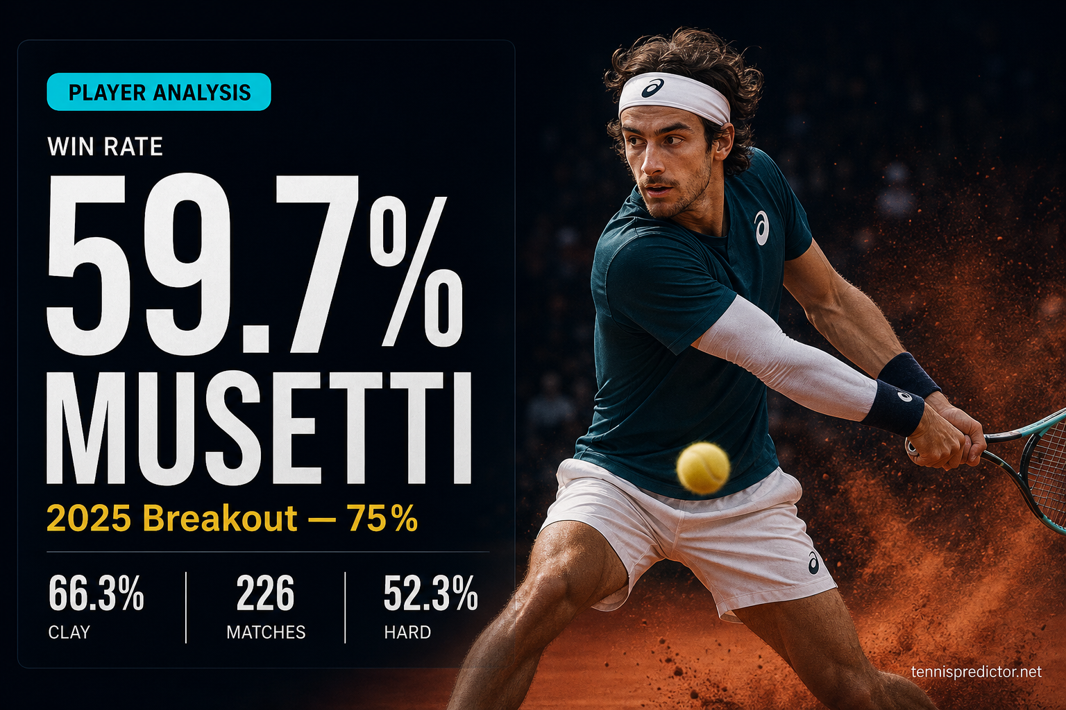 Lorenzo Musetti 59.7% win rate player analysis data card — tennispredictor.net
