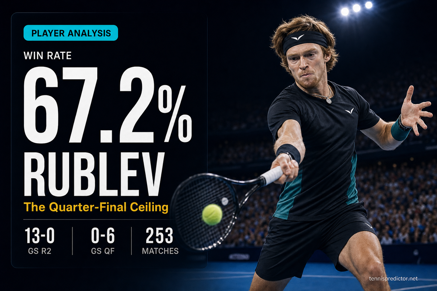 Andrey Rublev 67.2% win rate ATP player analysis data card — 253 matches — tennispredictor.net