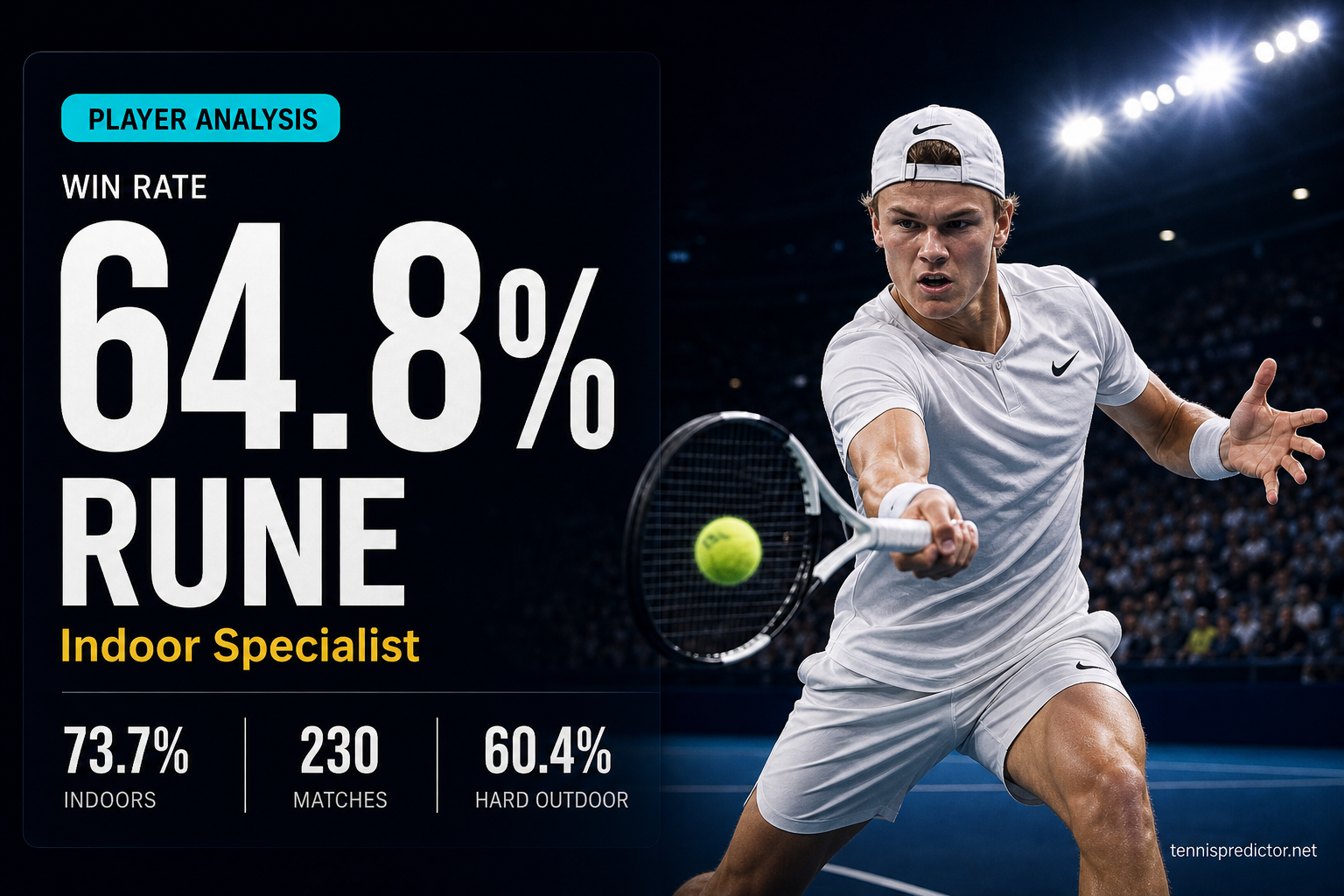 Holger Rune 64.8% win rate player analysis data card — tennispredictor.net