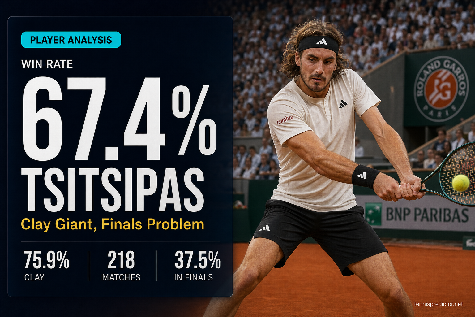 Stefanos Tsitsipas 67.4% win rate player analysis data card — tennispredictor.net