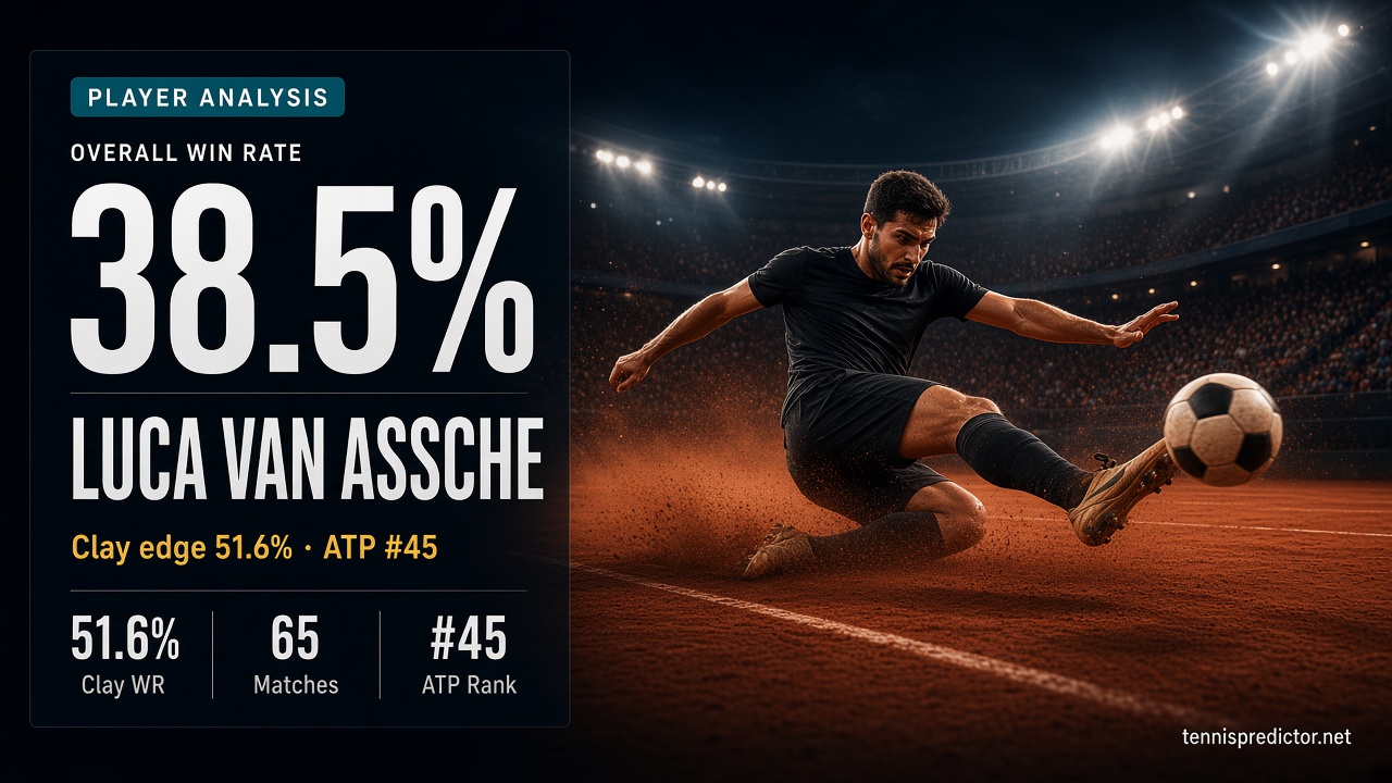 Luca Van Assche 38,5 % de victoires — 51,6 % Terre battue, 63,2 % en favori, 33,3 % Grand Chelem — tennispredictor.net