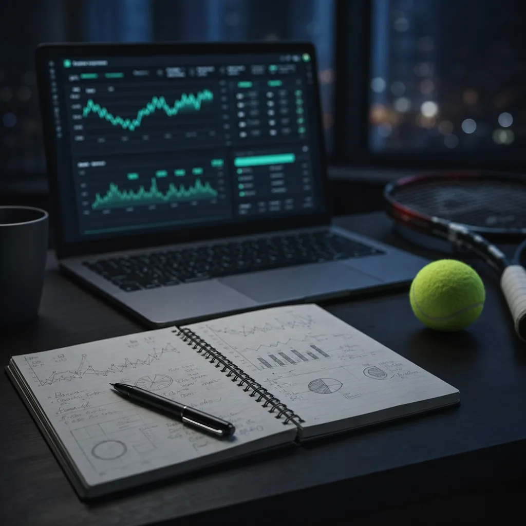 Bureau sombre avec carnet, graphiques sur ordinateur et une balle de tennis