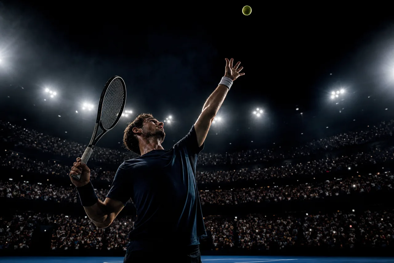 Joueur de tennis au sommet du service sous les projecteurs d’un stade de nuit