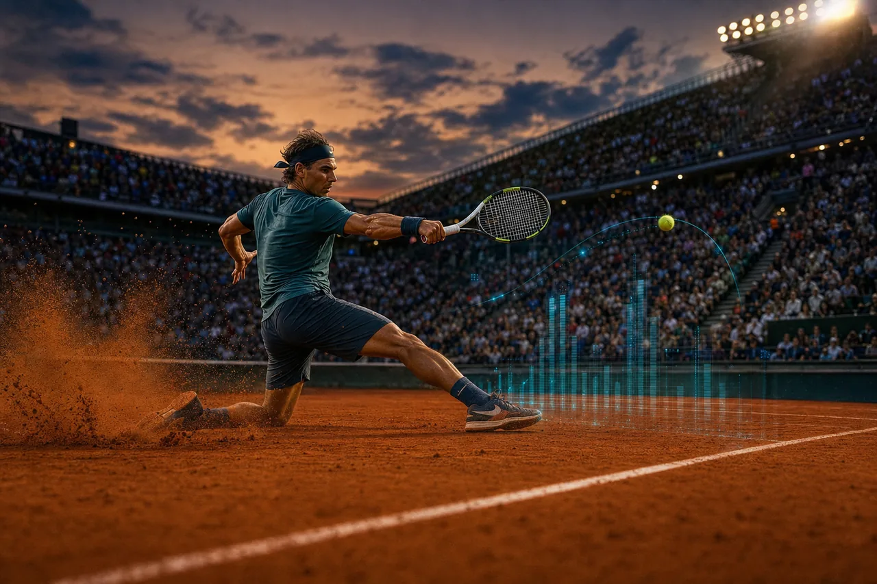 Joueur sur terre battue glissant dans un coup droit sous les projecteurs avec des overlays analytiques