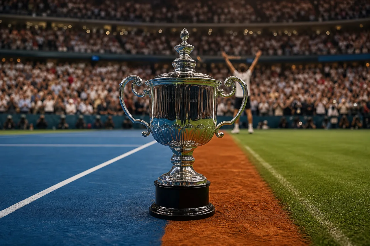 Trophée Grand Chelem sur le court central avec terre, gazon et dur, et un stade plein